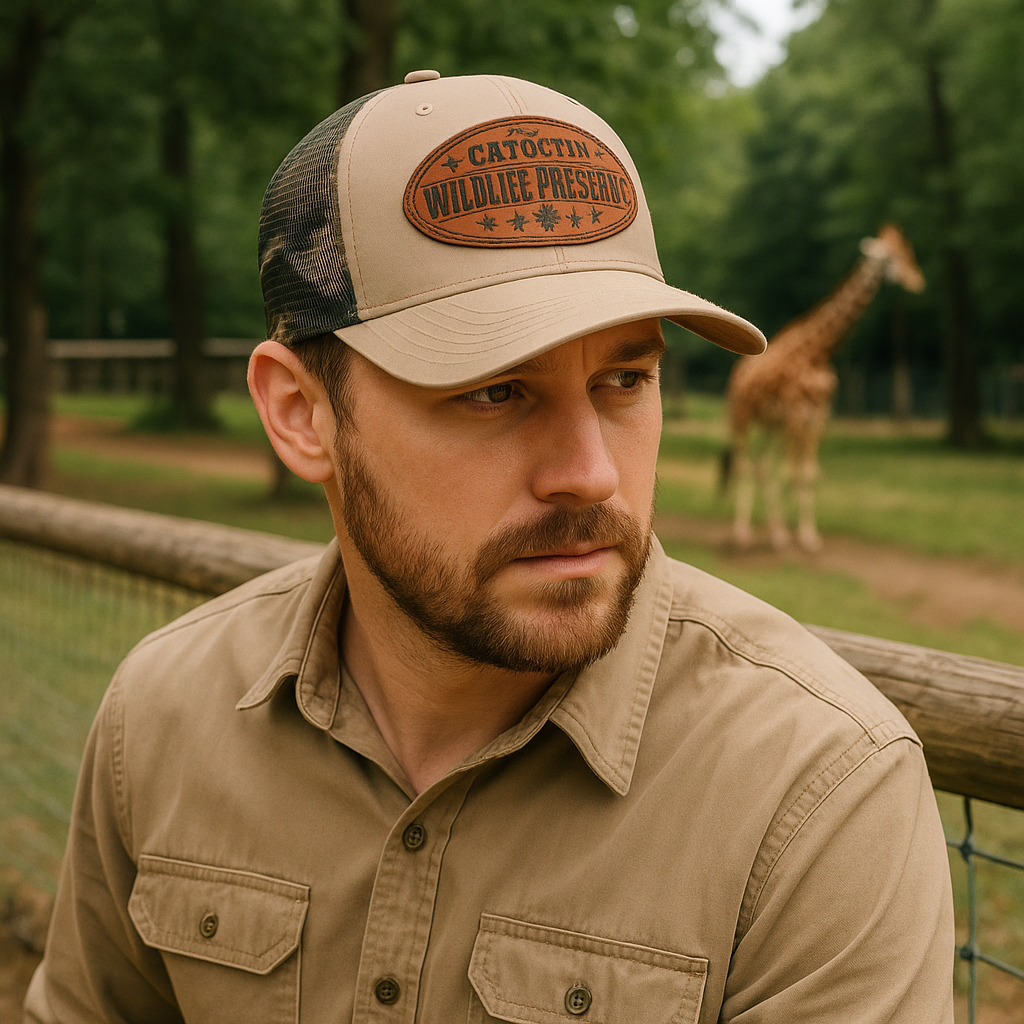 Wildlife Preserve Trucker Hat with Oval Leather Patch and Camo Mesh Back