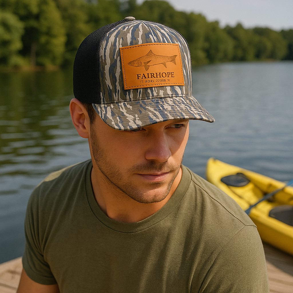 Fairhope Fish House Camo Trucker Hat with Leather Patch