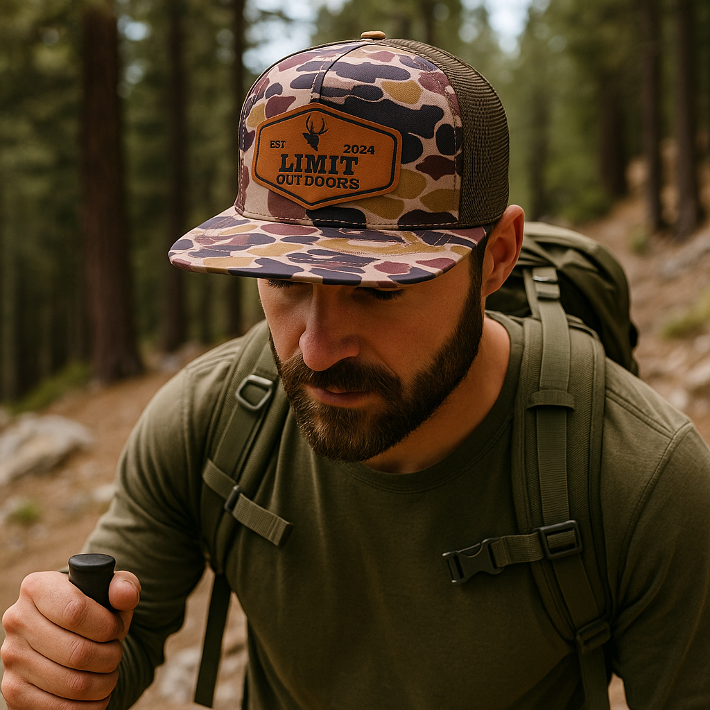 LIMIT OUTDOORS Camo Flat Brim Trucker Cap with Leather Patch – 2024 Edition