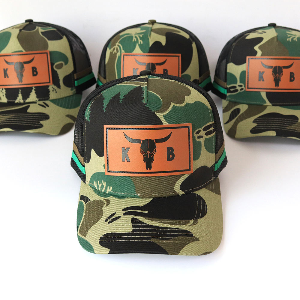 Bull Head Leather Patch Camo Trucker Hat with Mesh Back
