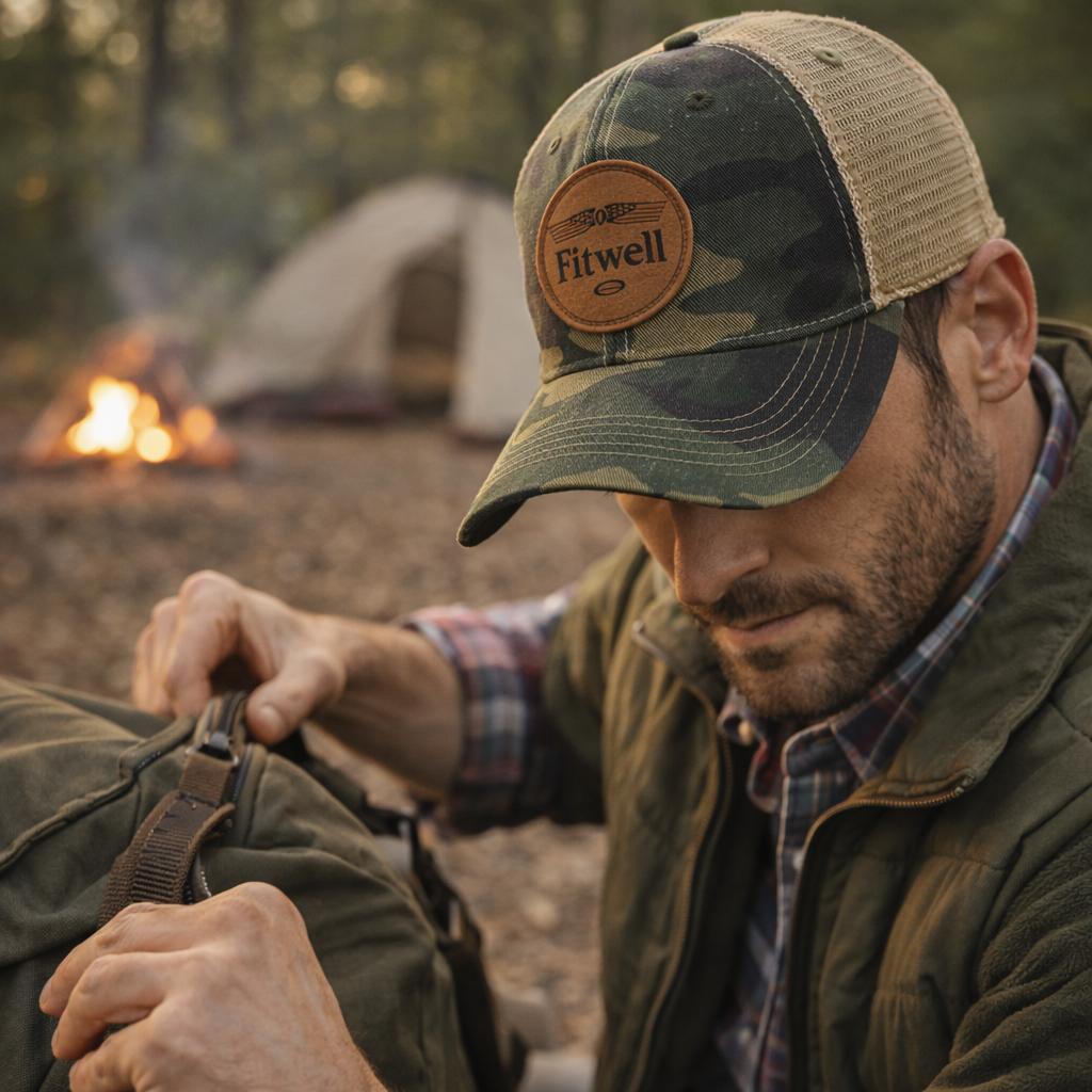 Camo Mesh Back Trucker Hat with Leather Patch