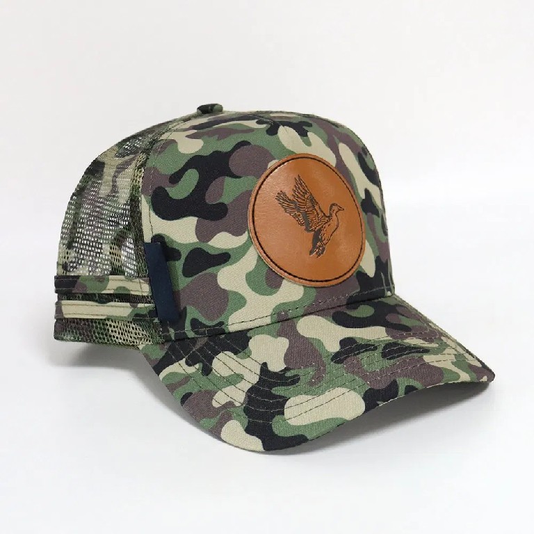 Camo Mesh Trucker Cap with Leather Bird Patch