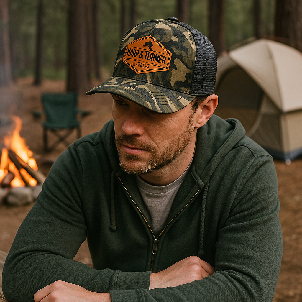 Camo Trucker Hat with Leather Patch – HARP & TURNER Construction Cap