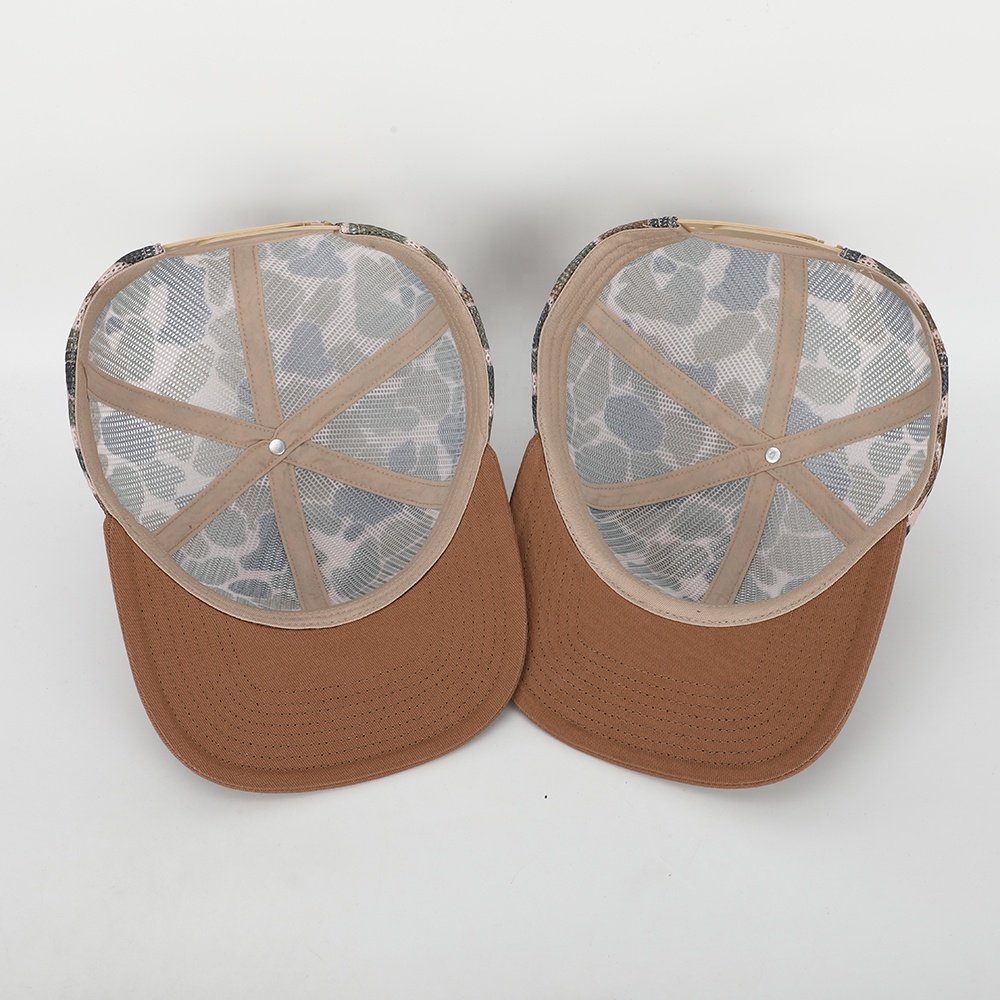 Flat Brim Mesh Trucker Hat with Full Camo Print