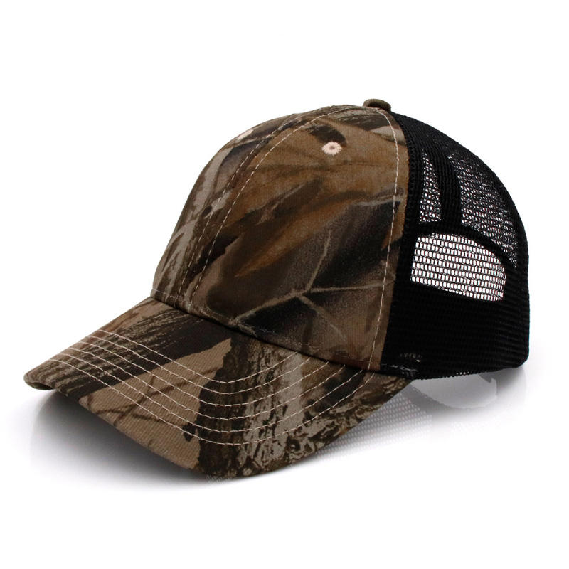 Camo Print Trucker Hat with Mesh Back and Leather Patch