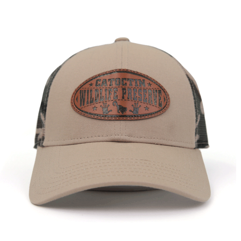 Wildlife Preserve Trucker Hat with Oval Leather Patch and Camo Mesh Back
