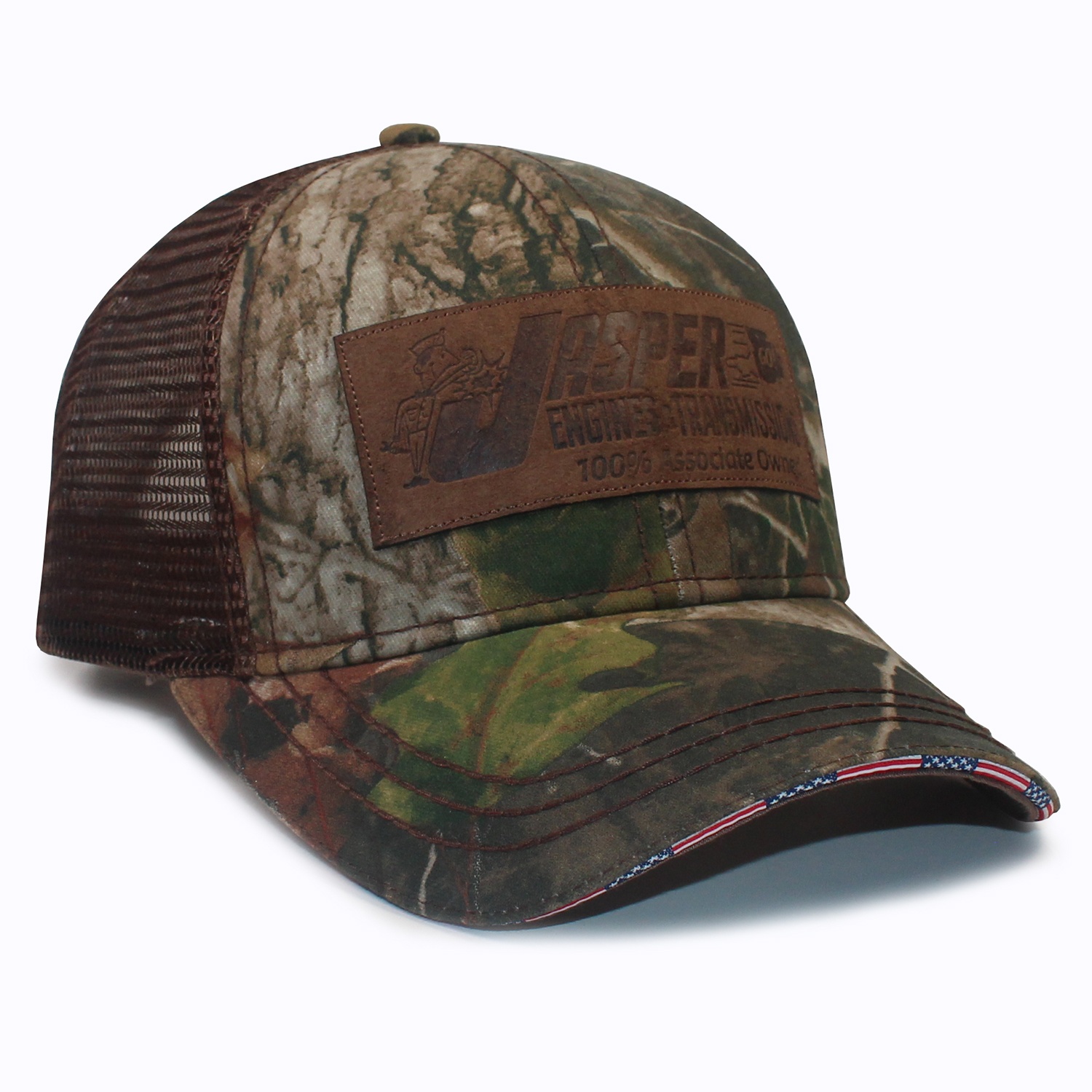 Jasper Logo Camo Mesh Trucker Cap with Brown Leather Patch