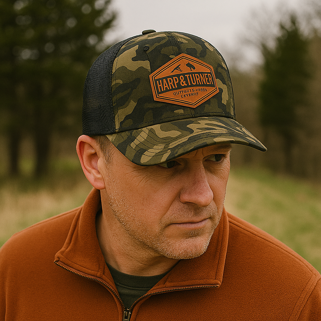 Camouflage Trucker Cap with Leather Patch Logo – Harp & Turner