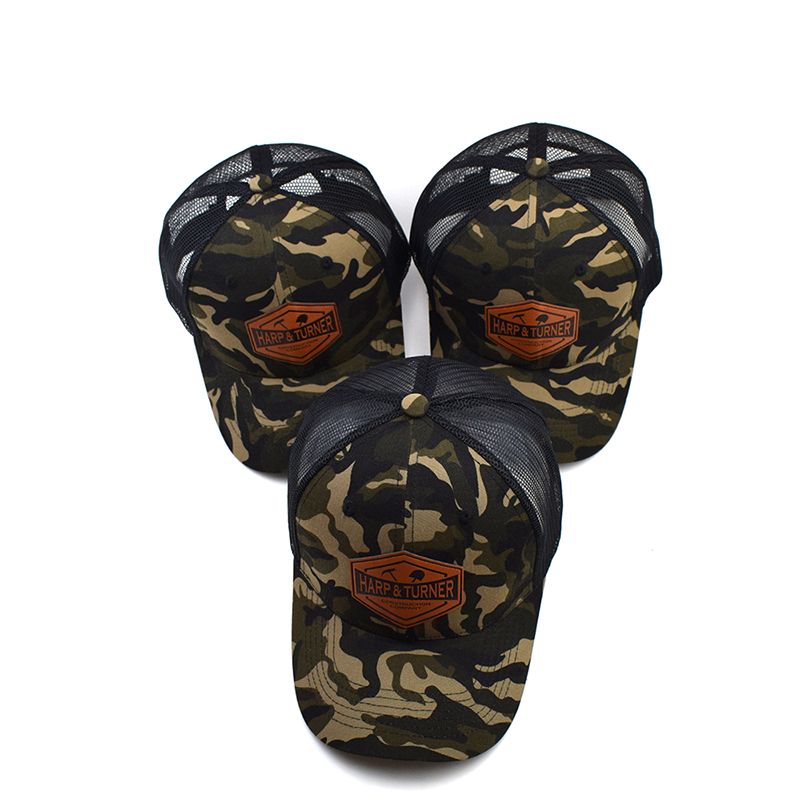 Camouflage Trucker Cap with Leather Patch Logo – Harp & Turner