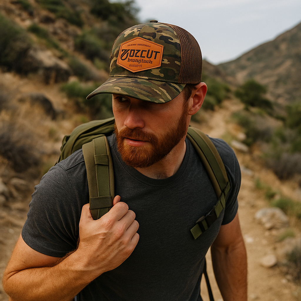 Camo Mesh Trucker Hat with Leather OZCUT Broadheads Patch
