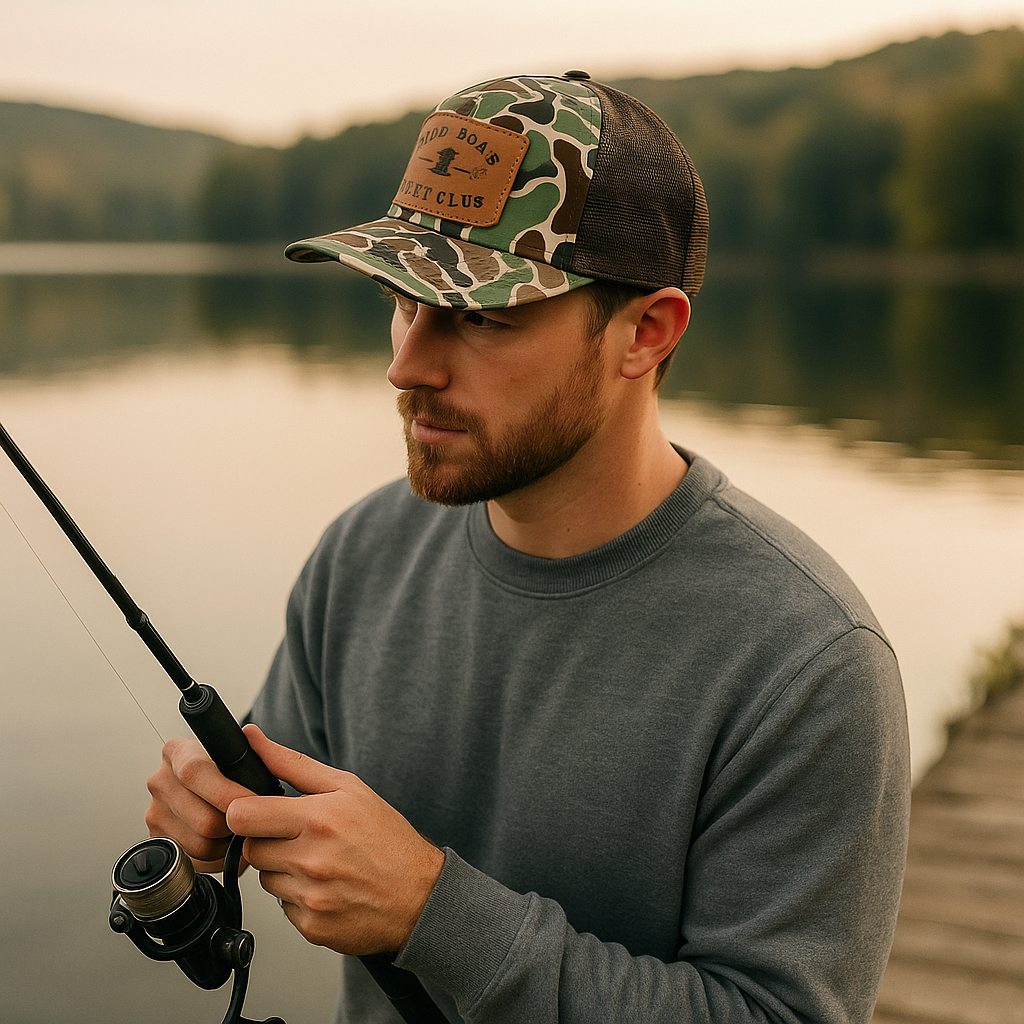 Mud Boat Club Camo Mesh Snapback Cap with Leather Patch