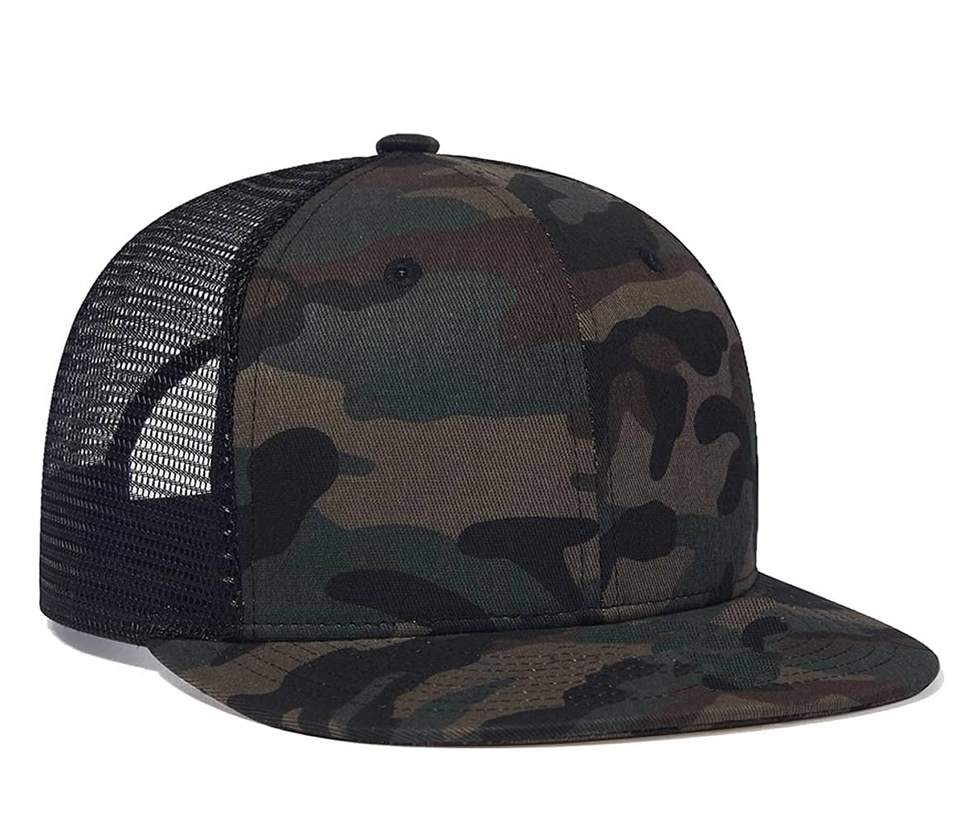 Flat Brim Dark Camo Mesh Trucker Cap with Snapback Closure – Urban Outdoor Style