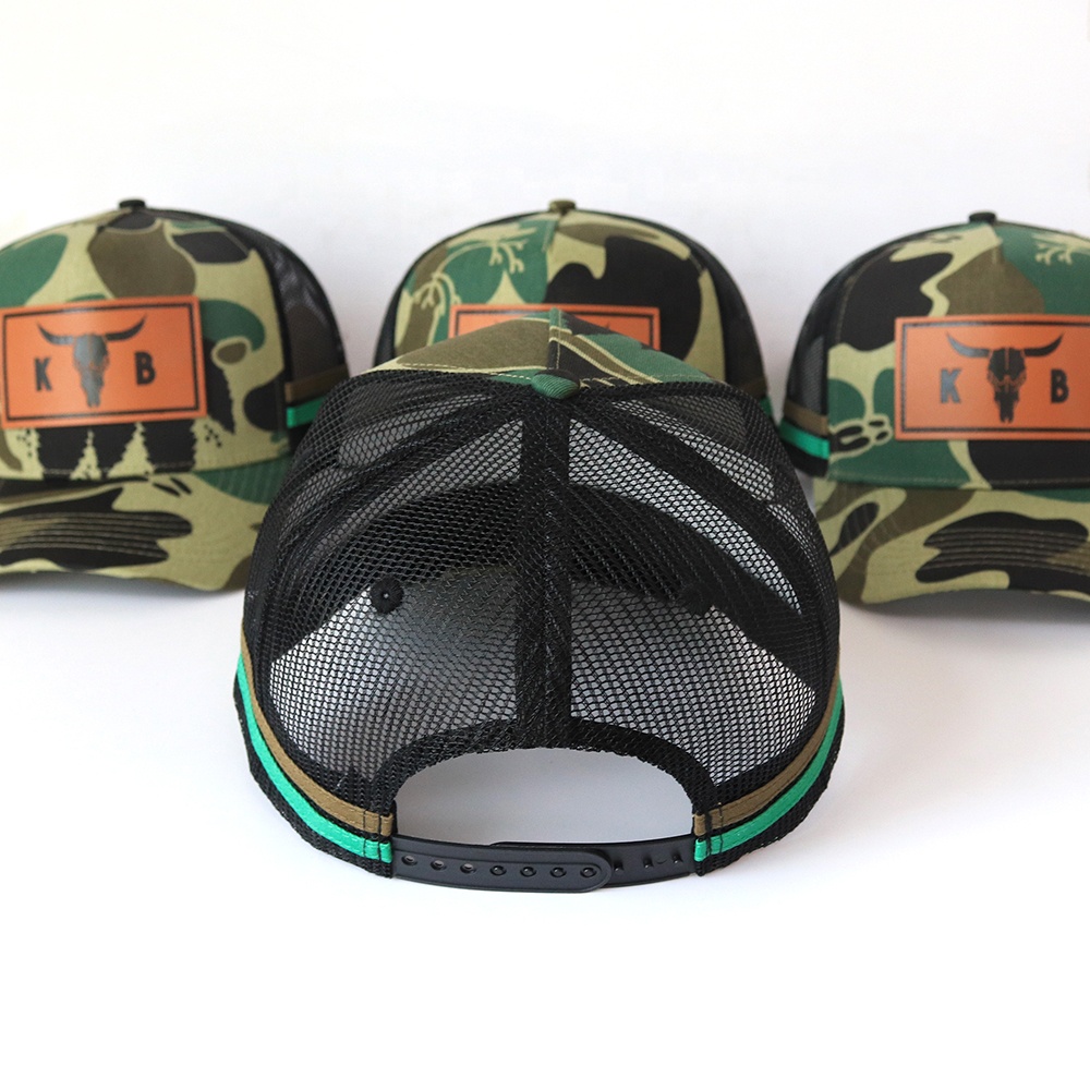 Bull Head Leather Patch Camo Trucker Hat with Mesh Back