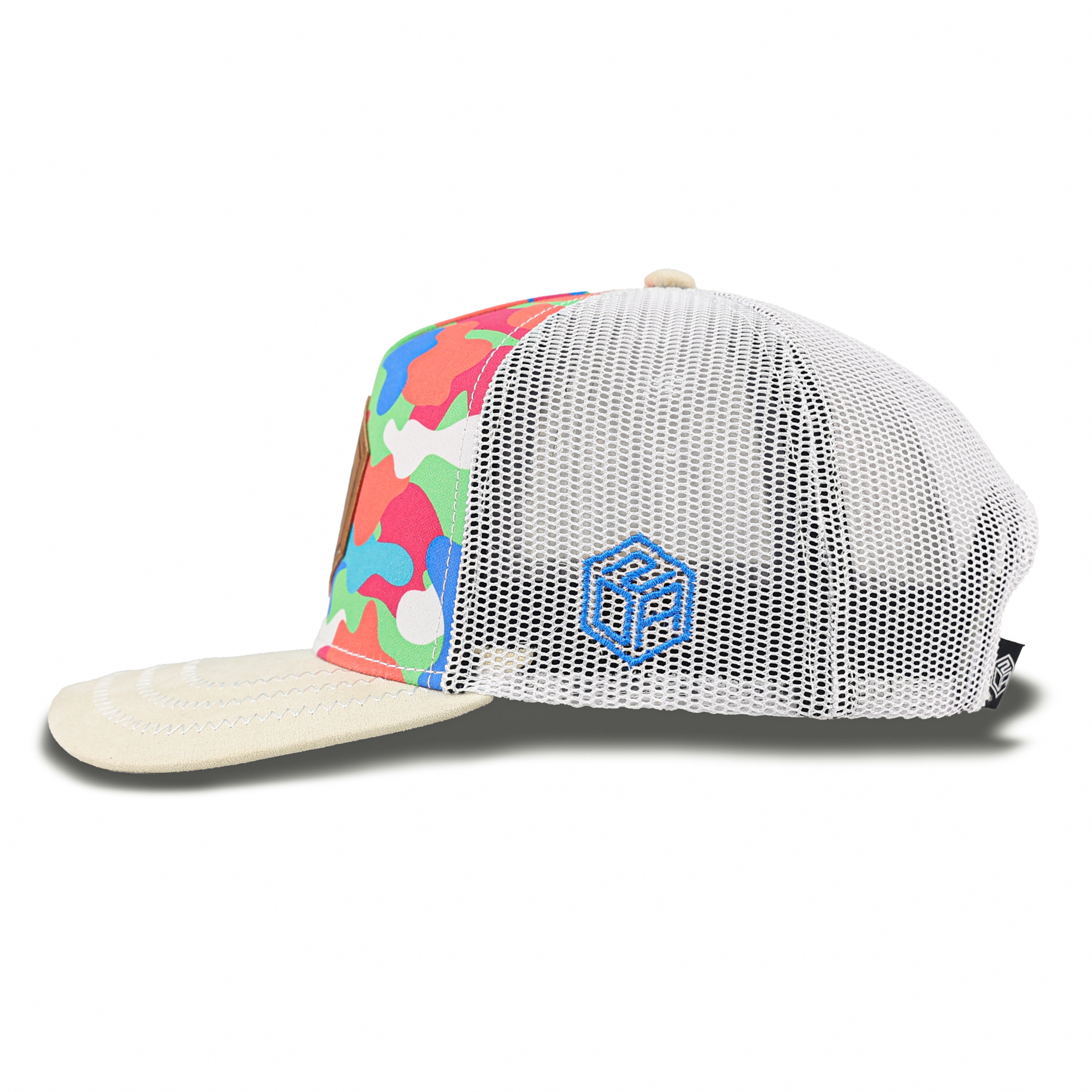 Color Camo Trucker Hat with Hexagon Leather Patch and White Mesh Back