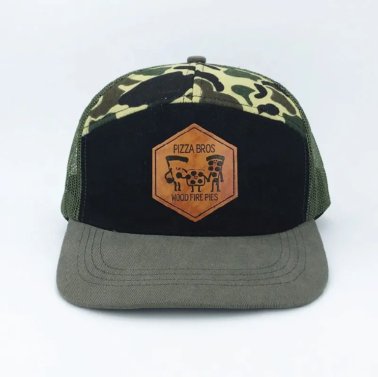 Camo Mesh Trucker Hat with Leather Patch – 7 Panel Custom Cap