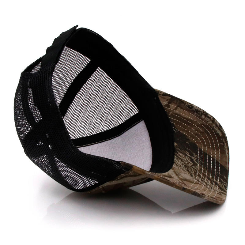 Camo Print Trucker Hat with Mesh Back and Leather Patch