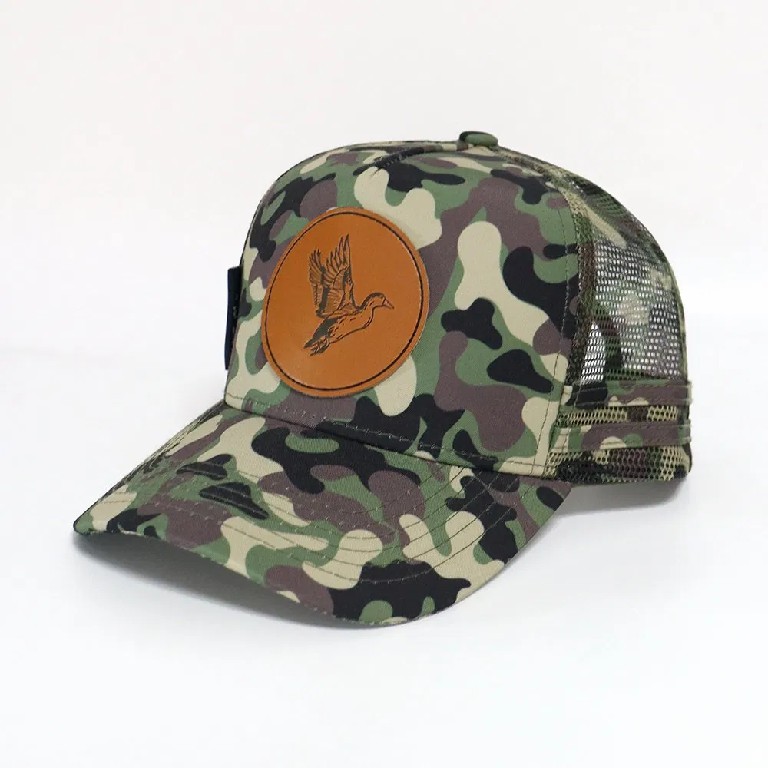 Camo Mesh Trucker Cap with Leather Bird Patch
