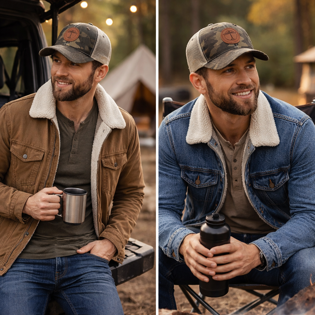 Camo Mesh Back Trucker Hat with Leather Patch