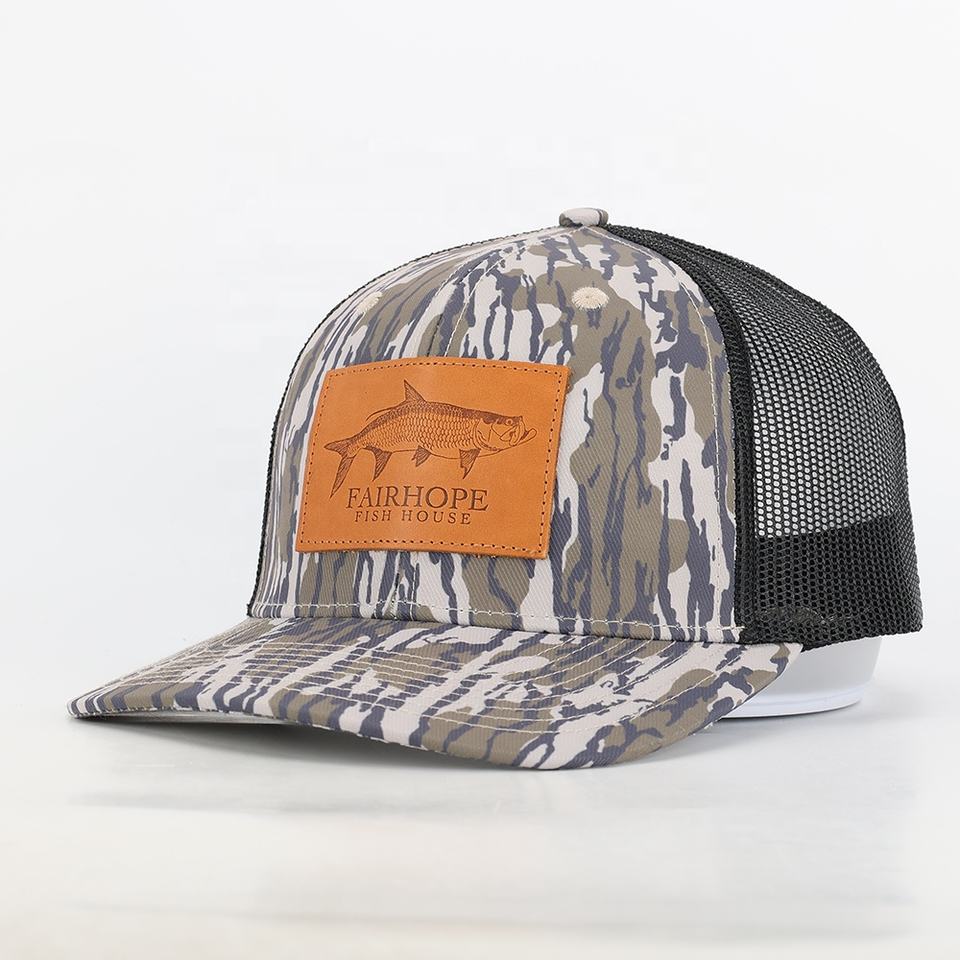 Fairhope Fish House Camo Trucker Hat with Leather Patch