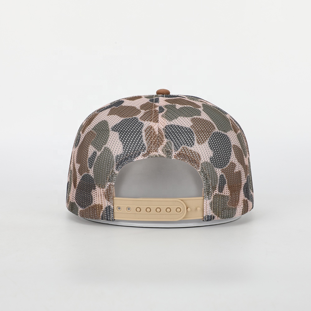 Flat Brim Mesh Trucker Hat with Full Camo Print
