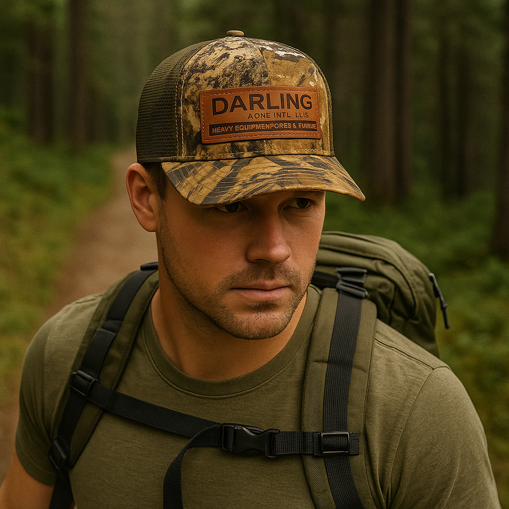 Darling Sons Camo Trucker Hat with Leather Patch