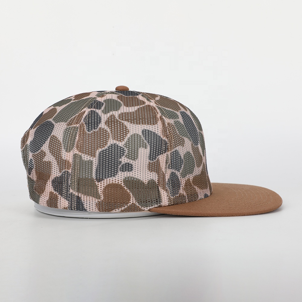 Flat Brim Mesh Trucker Hat with Full Camo Print