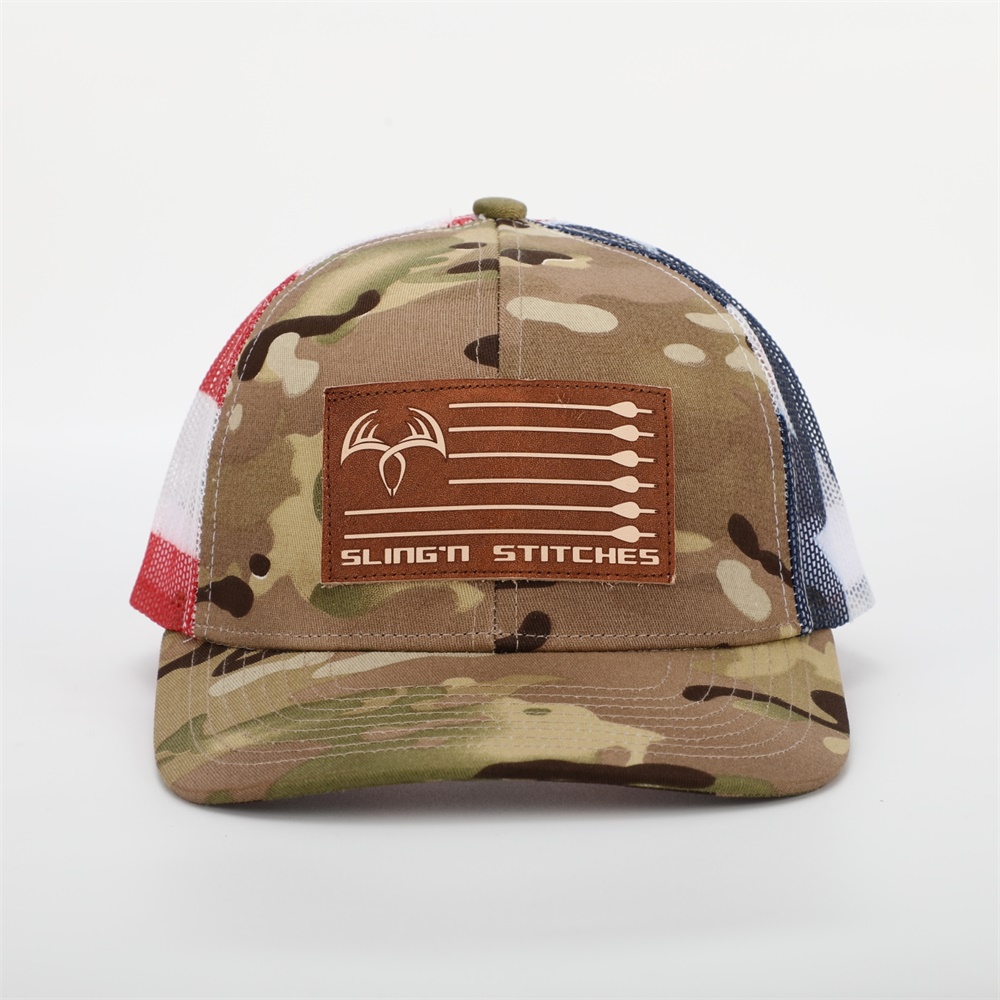 Sling'n Stitches Patriotic Camo Mesh Trucker Hat with Leather Patch
