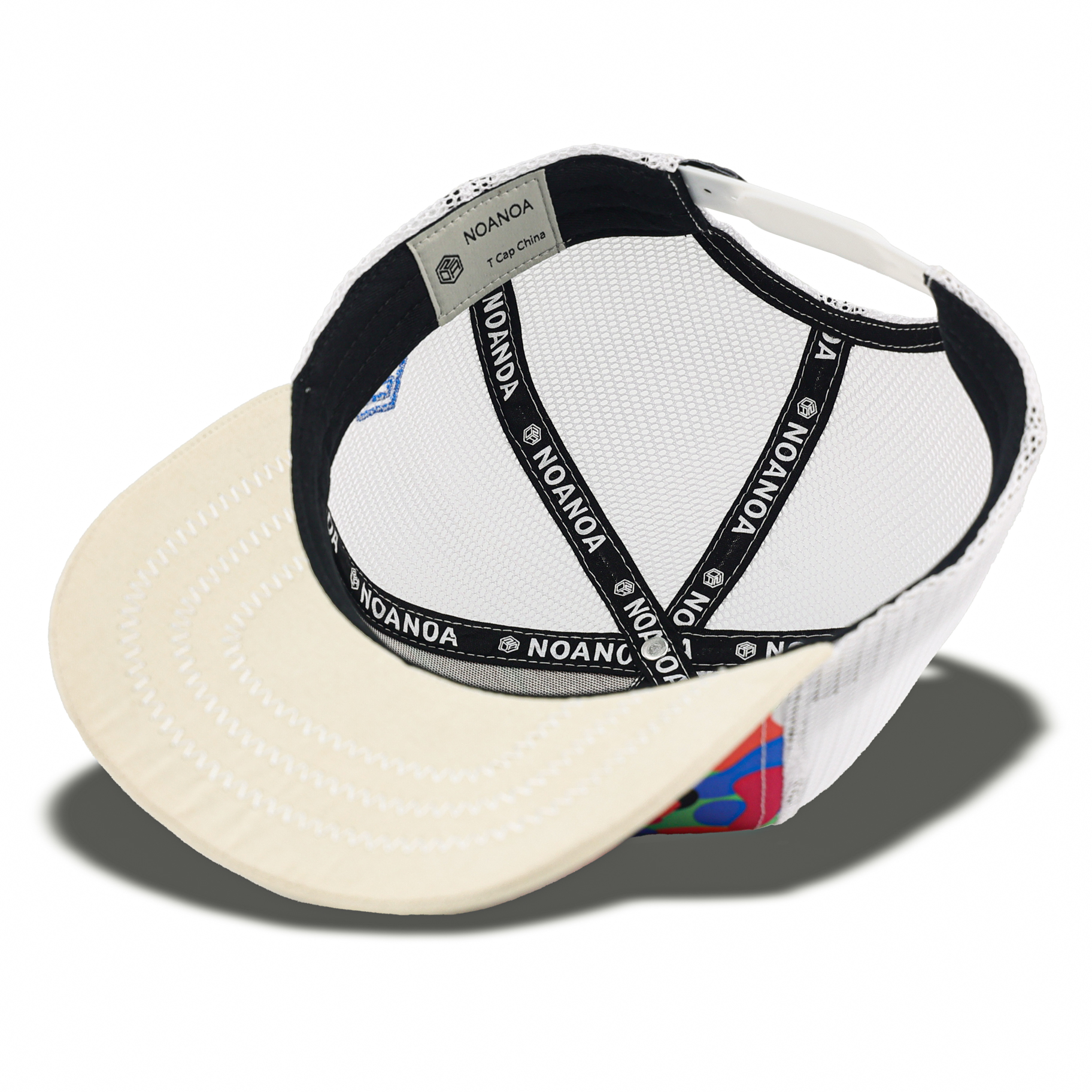 Color Camo Trucker Hat with Hexagon Leather Patch and White Mesh Back