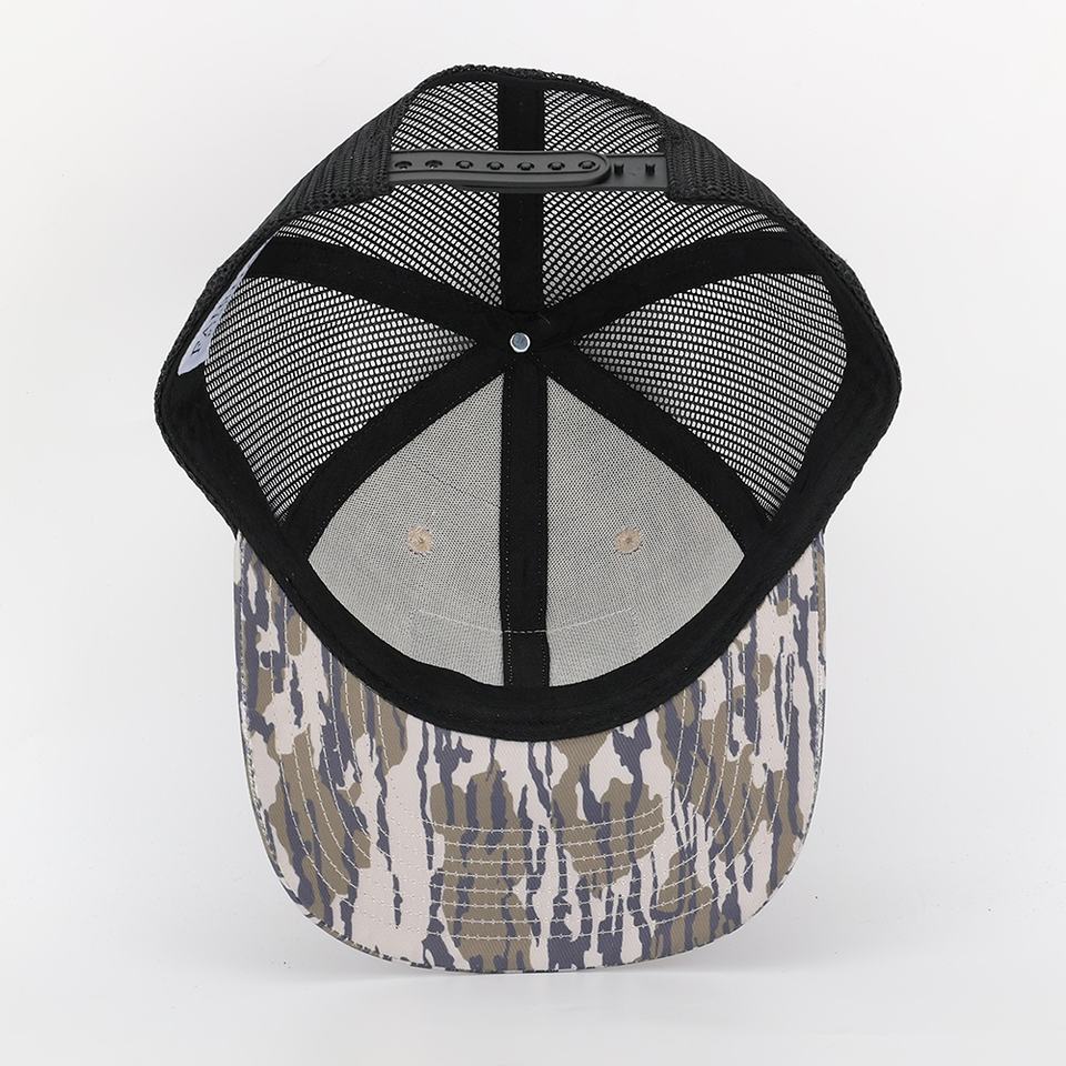 Fairhope Fish House Camo Trucker Hat with Leather Patch