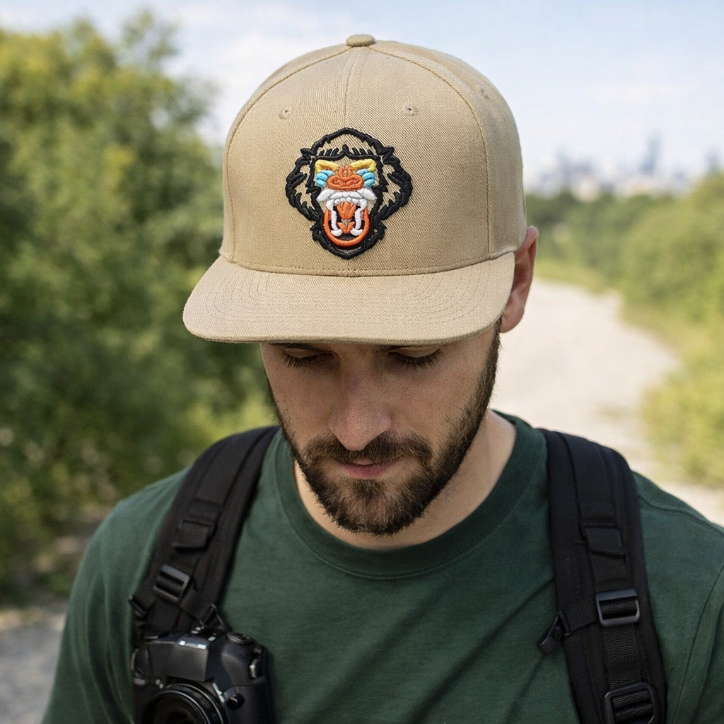 Custom Embroidered Monkey Patch Khaki Snapback Hat