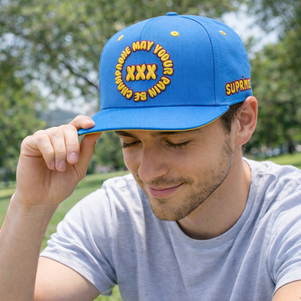 Bold XXX Embroidered Snapback Hat – Blue 6-Panel Flat Brim Cap