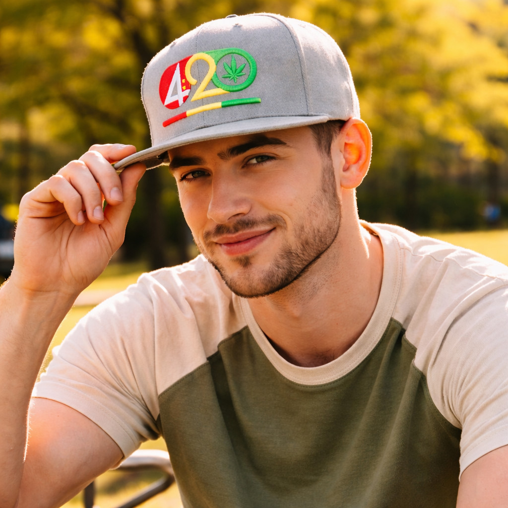 Premium Embroidered 420 Graphic Flat Brim Cap in Grey – High Quality Custom Design