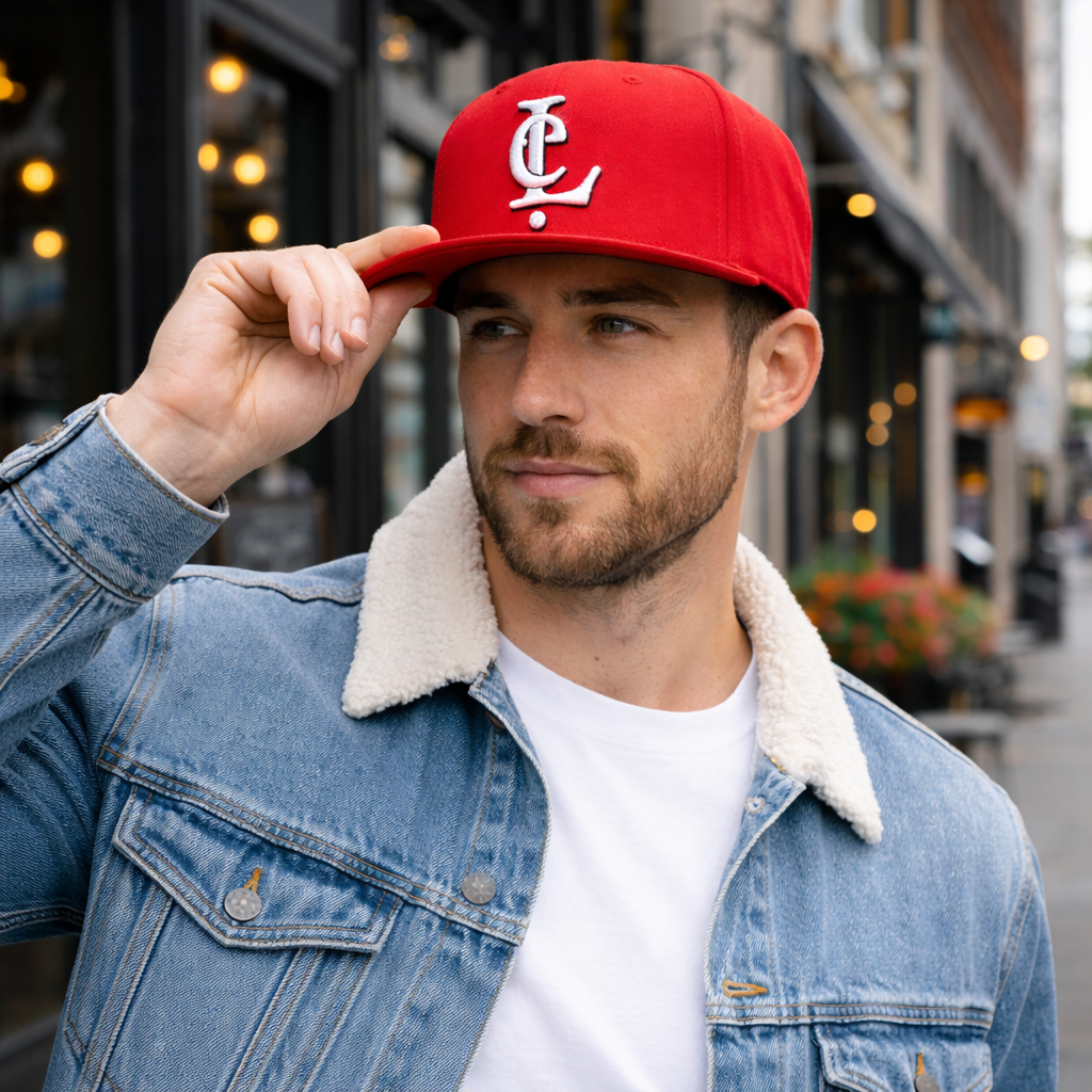 Red Flat Brim 6 Panel Embroidered Logo Snapback Cap