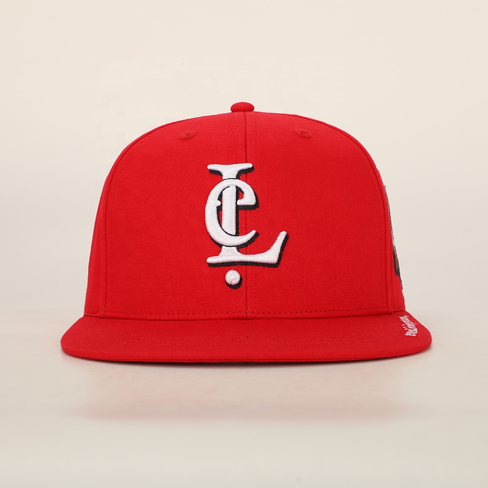 Red Flat Brim 6 Panel Embroidered Logo Snapback Cap