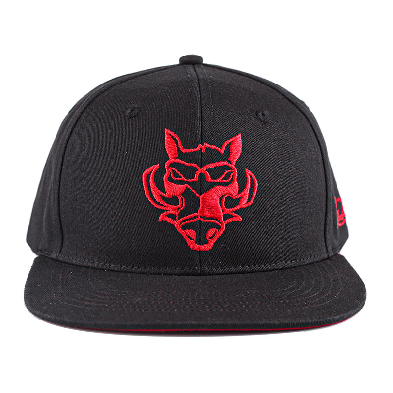 Black Embroidered Wolf Logo Snapback Cap Flat Brim Hip Hop Hat