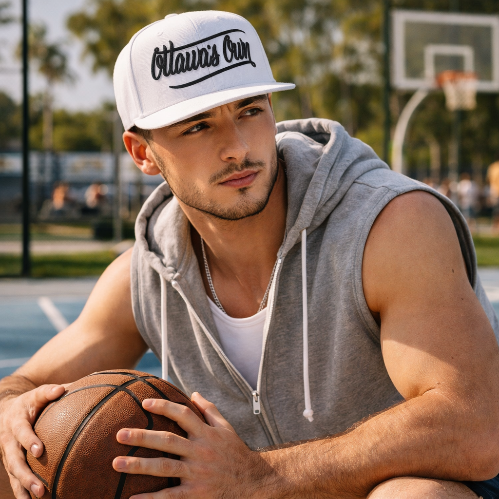 White Flat Brim Snapback Hat with Black Script Embroidery