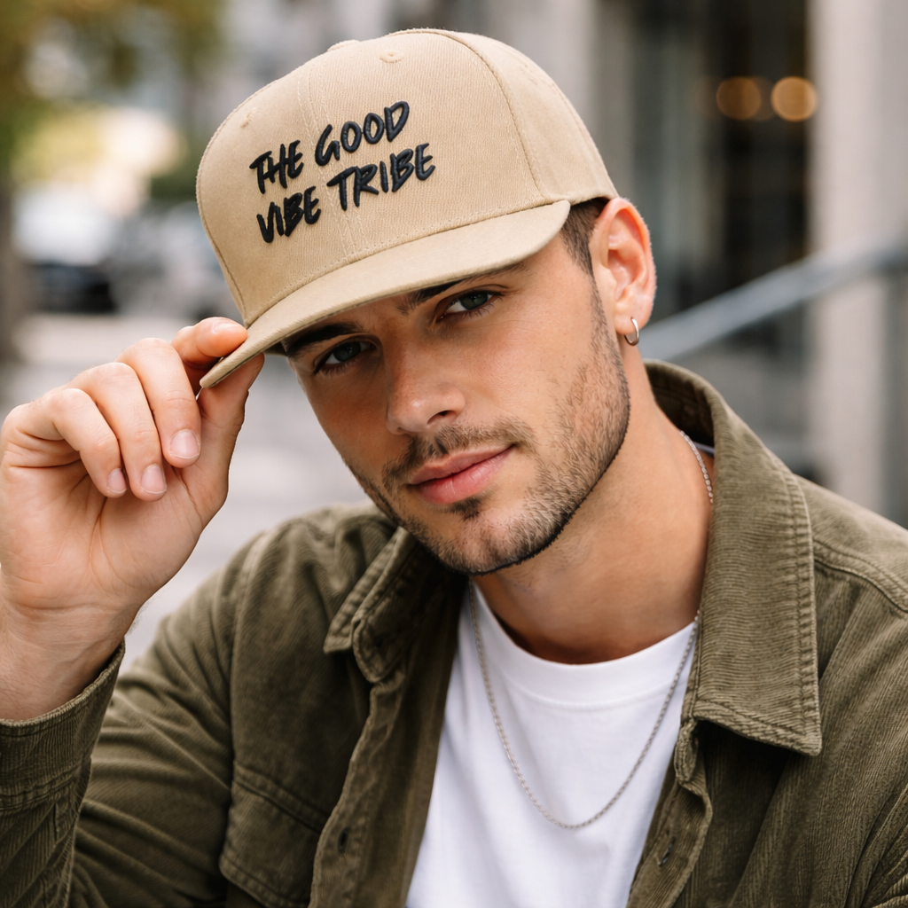 Khaki 6 Panel Snapback Cap with Embroidered Slogan