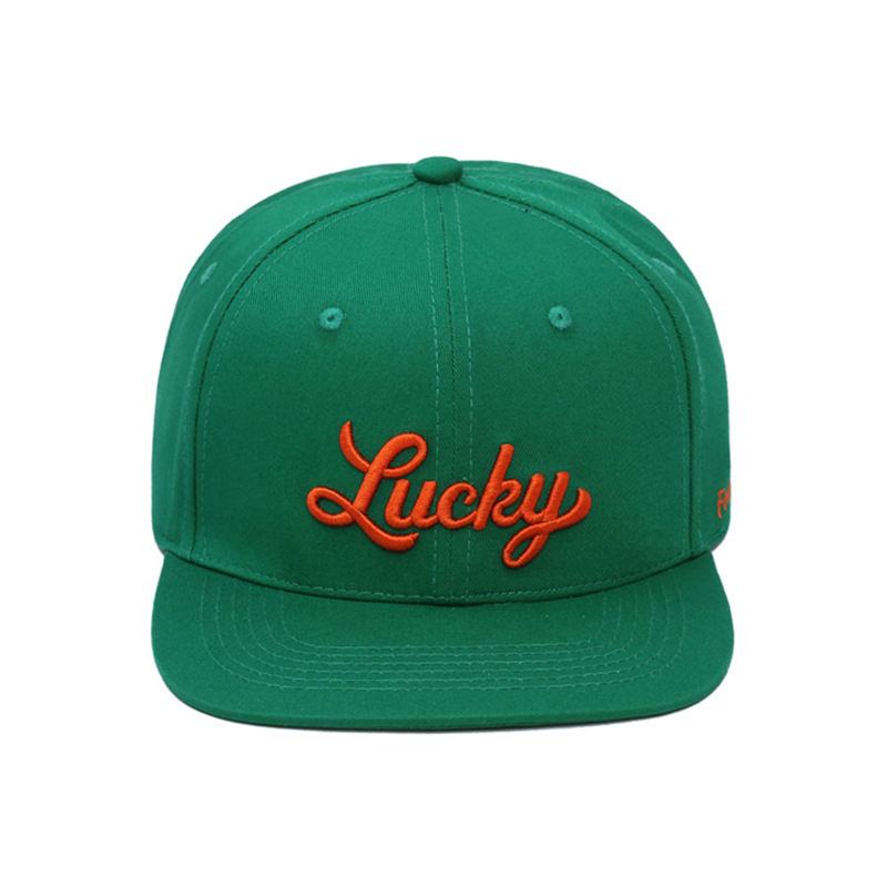 Green Lucky Embroidered Snapback Cap Flat Brim Street Style Adjustable Hat