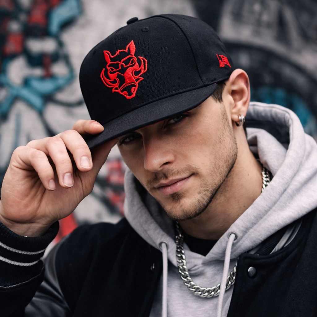 Black Embroidered Wolf Logo Snapback Cap Flat Brim Hip Hop Hat
