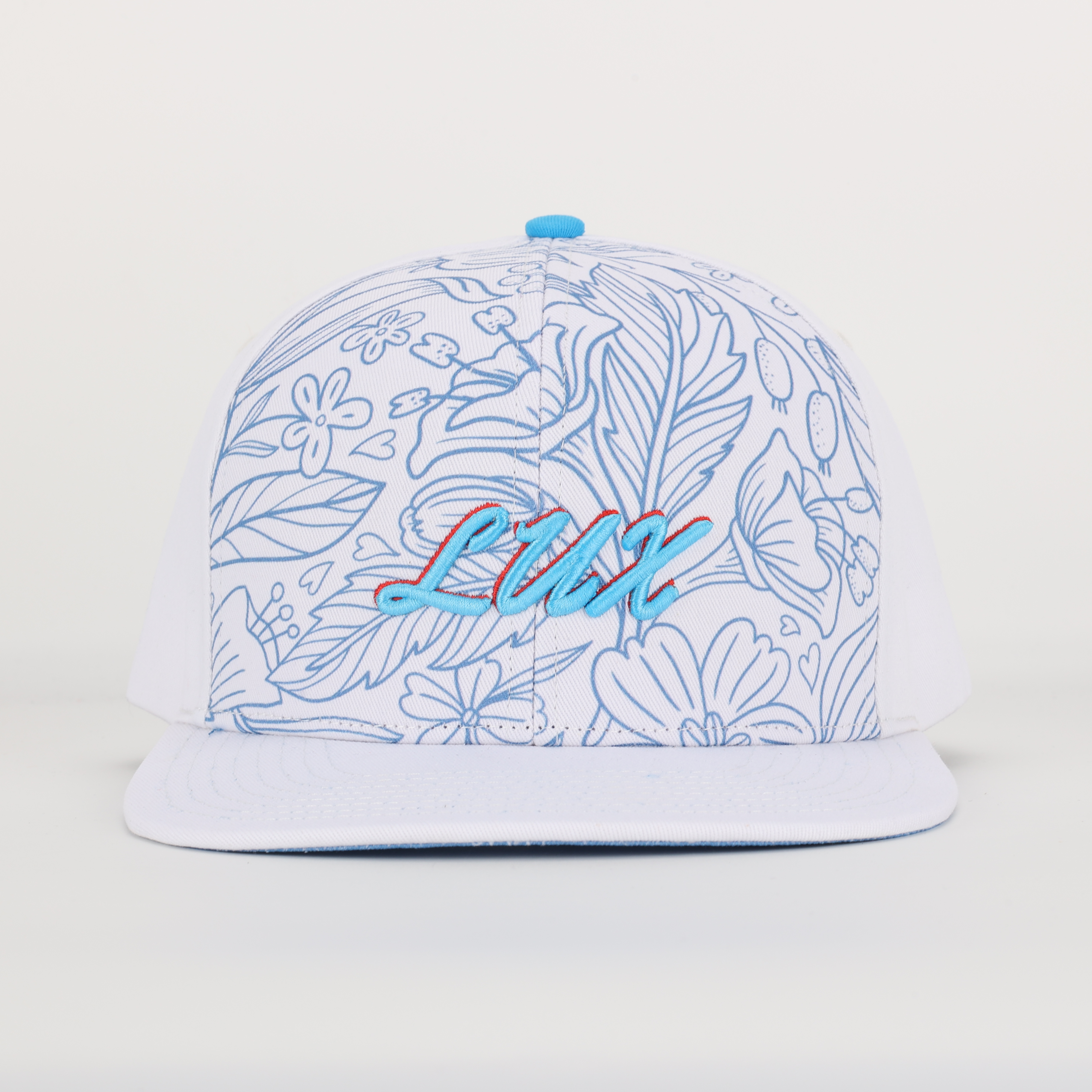 Blue Floral Pattern 3D Script Embroidery Flat Brim Snapback Cap