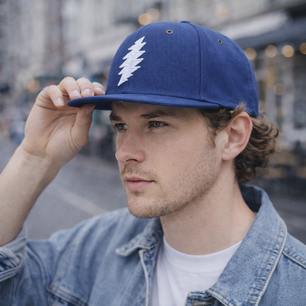 Blue 6-Panel Snapback Cap with Embroidered Lightning Logo