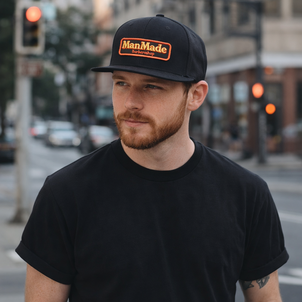 ManMade Barbershop Black Flat-Brim Hat with Embroidered Logo