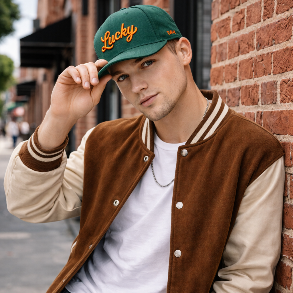 Green Lucky Embroidered Snapback Cap Flat Brim Street Style Adjustable Hat