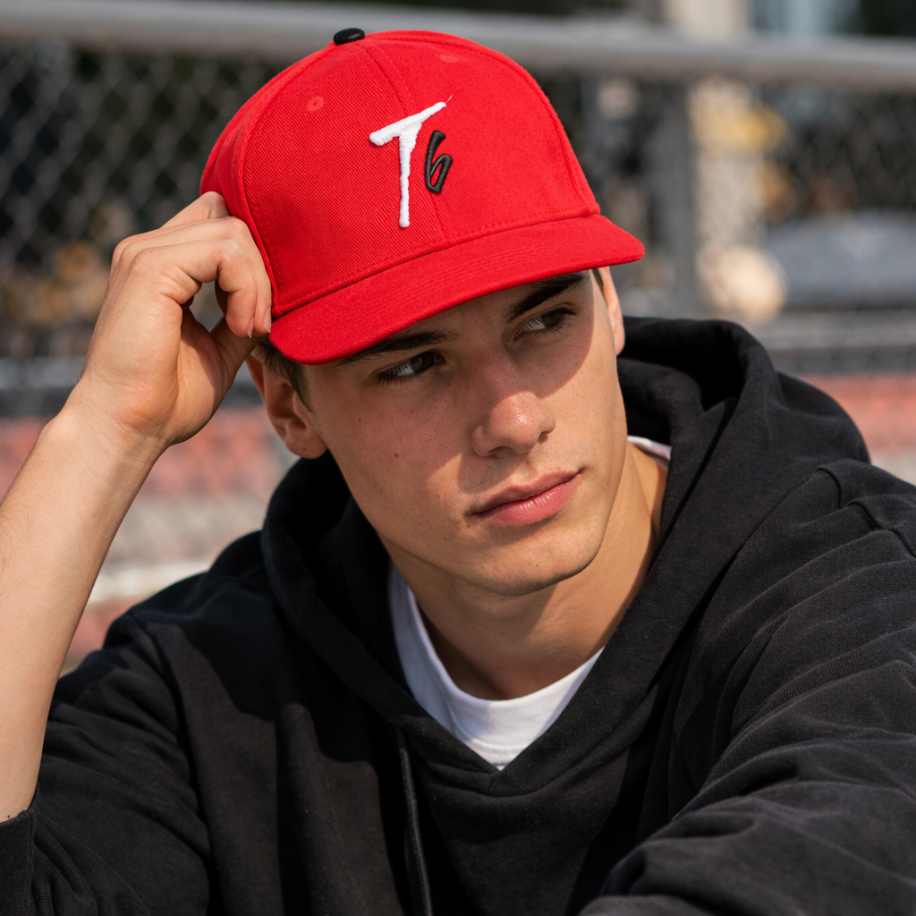 Red 6 Panel Snapback Cap with Minimal T6 Embroidered Logo