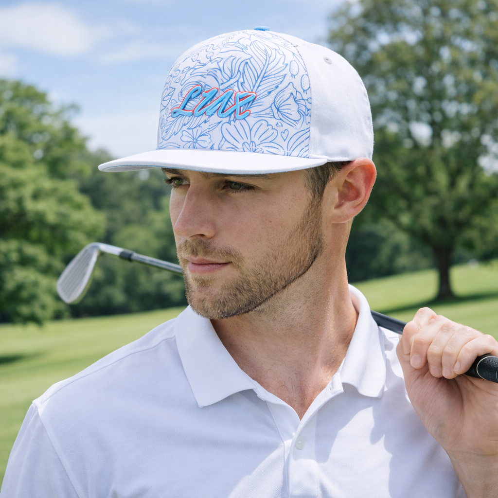 Blue Floral Pattern 3D Script Embroidery Flat Brim Snapback Cap