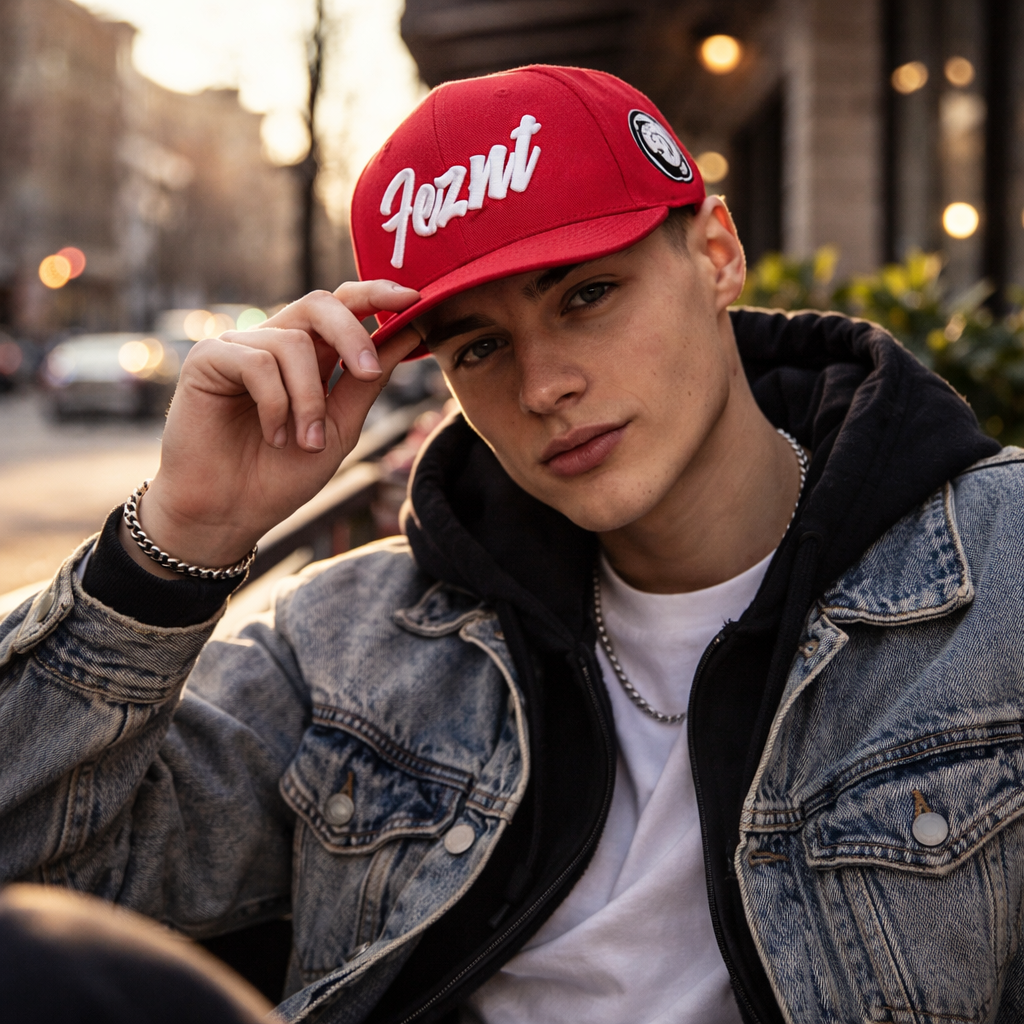 Red Embroidered Logo Snapback Cap Flat Brim Street Style Adjustable Hat
