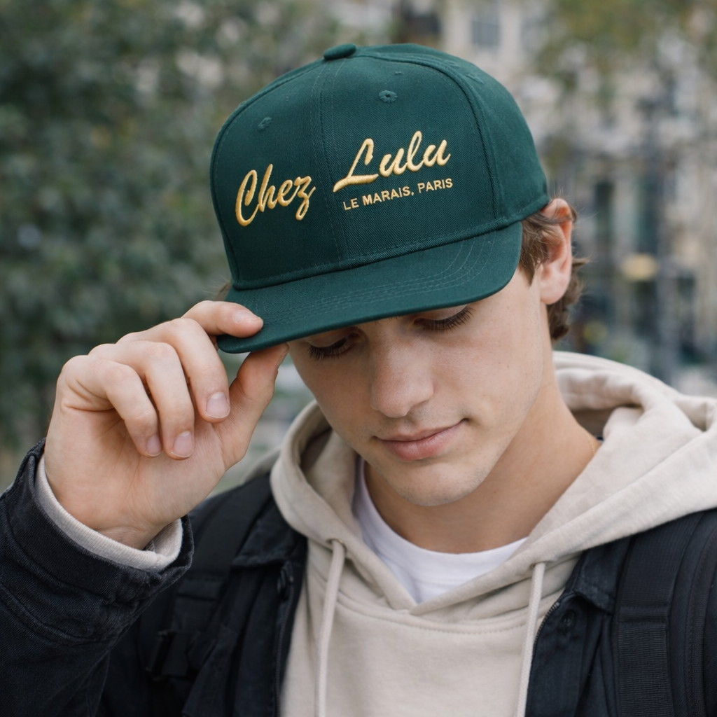 Green 6 Panel Snapback Cap with Embroidered Script Logo