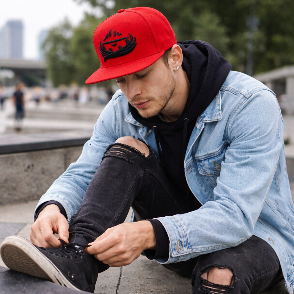 6 Panel Flat Brim Snapback Cap with Raised Embroidered Logo