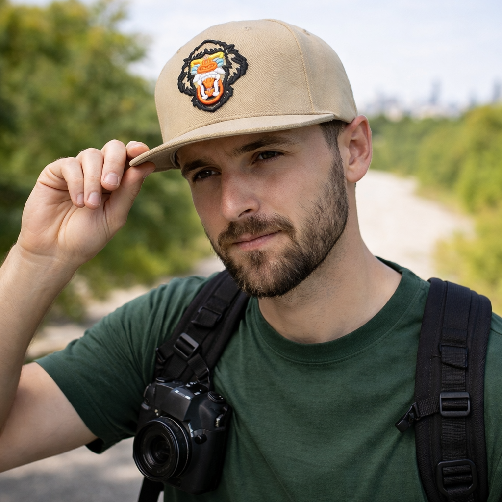 Custom Embroidered Monkey Patch Khaki Snapback Hat