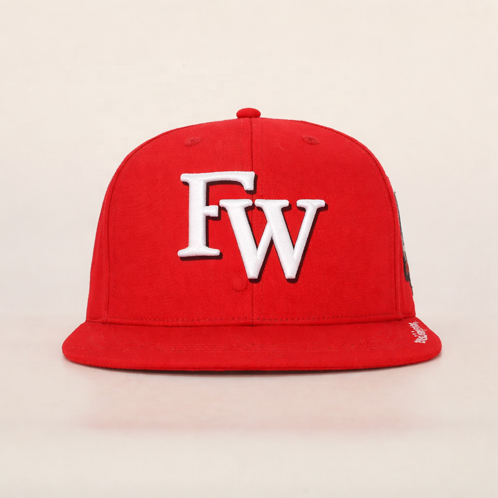 Red Flat Brim 6 Panel Embroidered Logo Snapback Cap